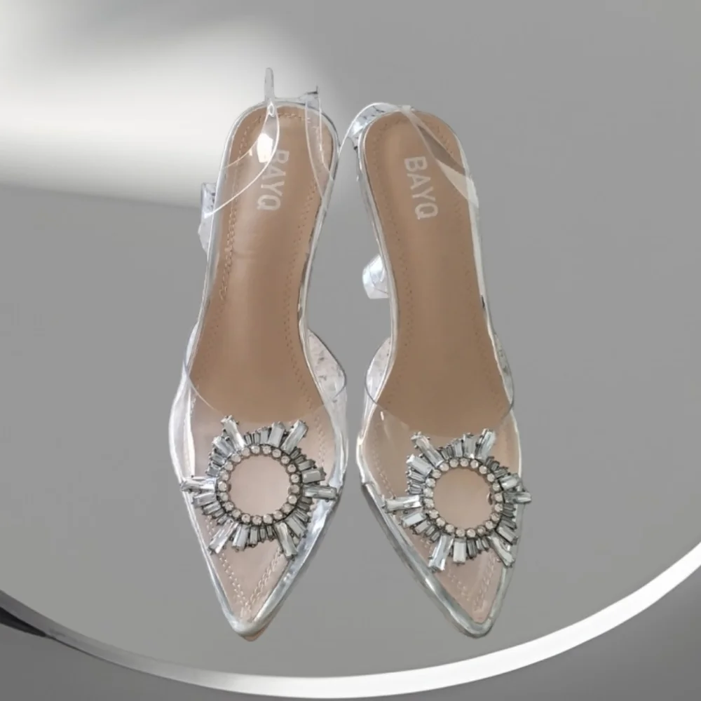 BAYQ Clear Rhinestone Pointed Toe Heels | Silver PVC Wedding Pumps BNIB